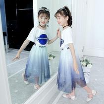 Girls' summer Western style suit children's cotton tops two-piece Korean style mid-length children's mesh dress