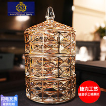 Bohemian style sketching crystal glass three-layer candy jar First decorated case dried fruit jar Sugar cylinder Deposit Jar Fruit Box
