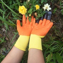 Planting flowers handling family fertilization weeding planting vegetables dipping glue eagle claws digging gloves gardening picking soil plastic encroaching glue species