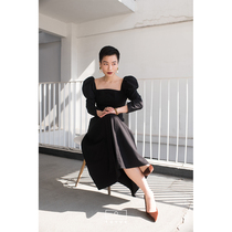 Moon black lamb leg sleeve square collar small black dress Hepburn dress long dress French retro waist bubble sleeve dress