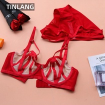 This years red underwear female European and American mesh gauze leakage sexy comfortable big chest small ultra-thin transparent bra set