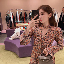 Floral dress female spring and autumn 2021 new waist thin temperament French Hyuna long sleeve V neck chiffon dress