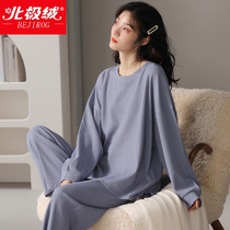 North Pole velvet spring and autumn pajamas autumn womens pure cotton long-sleeved trousers 2022 new style can be worn outside home service suit