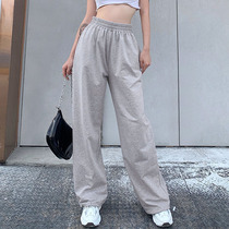ins Wind High Street Gray high waist straight casual pants womens draw rope feet loose Joker sports pants hip hop dance