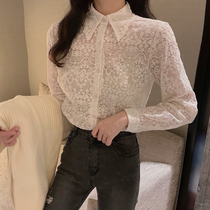 Autumn and winter new foreign style lace base shirt womens mesh openwork sexy little shirt long sleeve princess style body top