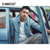 Simwood Jianmu mens clothing 2021 autumn new European and American blue striped chest pocket design casual shirt
