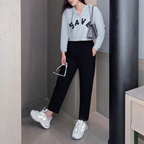 2021 Early autumn micro-fat mm Haren pants tightness waist student 100 lap black pants casual long pants big code female dress