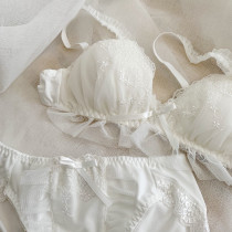 threepig new Japanese sweet girl bra set chiffon lace embroidered underwear ruffle hem