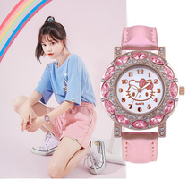 Cute Cartoon KT Cat Children Watch Girl Middle School Student Fashion Belt Water Drill Electronic Quartz Women Watch Waterproof