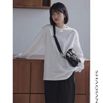 Korean version 100 lap pure white long sleeve T-shirt female spring autumn loose inner lap pure cotton beating base of the base and round collar compassionate