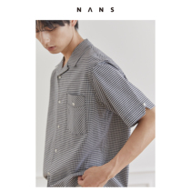 (NANS) tassel cotton classic black and white lattice open collar short sleeve SHIRT CHECK SHIRT - NS3C02