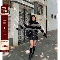 CC fur grid leather skirt new imported sheep leather high waist A- shaped leather skirt skirt skirt women autumn and winter