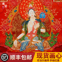 Trespass white-degree mother-hand painted Donka red Tang Tibet Chuanmi Ancestral Hall of the Buddha Living Room Decoration Hanging Painting Fresco