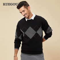 Kuegou mens sweater mens spring new trends Trending Color Geometric Jacquard Round Neckline Hooded Sweatshirt 9128