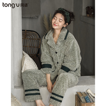Same language Spring and Autumn Winter coral velvet pajamas female thick warm home clothing winter Lady flannel plus velvet suit