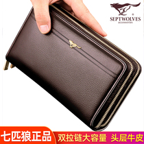 Seven Wolves Mens Bag Mens Handbags Genuine Leather Soft Leather Hand Holding Bag Men Business Large Capacity Hand Grip Bag Double Zipper Clip Bag