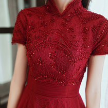 Cheongsam toast dress 2021 new bride temperament thin wine red long dress womens dinner party Qi Di standing collar dress