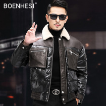 Winter new mens leather leather clothes original eco-fur integrated down jacket turd collar short jacket wool jacket