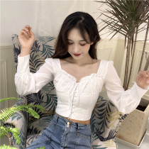 2020 autumn clothes New Han fan temperament square collar exposed clavicle bubble sleeve waist lace up wooden ear shirt trend clothes