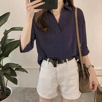 Tide card Korean version v collar shirt woman 2021 summer new big code womens clothing blouse 70% sleeves loose striped shirt