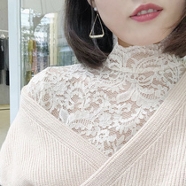 2019 new large horn sleeve lace shirt female sense hollow sweater with high collar mesh base shirt top fairy