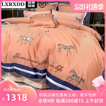 LXRXDD light luxurious all-cotton European style bed with four sets of pure cotton linen linen net red with genuine silk embroidery quilt cover