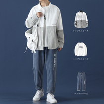 Long sleeve shirt male suit Spring and autumn season Korean version trendy fashion net red mens outfit set with handsome and autumn clothes