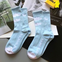 Socks female ins tide spring and autumn tube socks stockings Blue clouds small fresh sports socks Personality Japanese cute socks