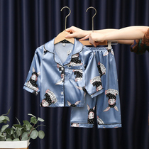 Childrens pajamas set simulation silk summer boy baby Summer Boy long sleeve Thin Ice Silk Air conditioning clothing home clothing