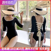 Swimsuit female back Conservative long sleeve sunscreen conjoined body thin belly cover Korean ins sexy hot spring new swimsuit