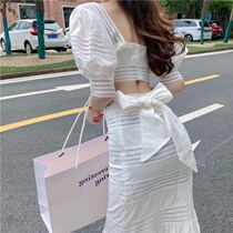 2020 Summer new web Red French style Fashion suit Ruvel blouse butterfly knot light cooked wind Short skirt Two sets of women