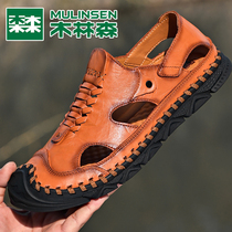 Wooden Linsen Sandals Man Summer Leather Breakout Hollow Shoes Outdoor Leisure Anti-Slide Banking Sandals