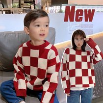 Chen Chen Mother Girls' Autumn and Winter Chess Board Plaid Sweater All-match Kids Knitwear Tops