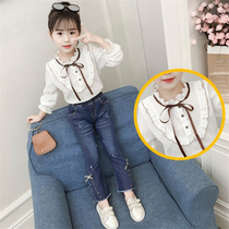 Girls foreign-quality shirt Korean version 2021 autumn stand collar campus top big childrens white bow shirt