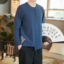 Autumn new linen long sleeve T-shirt Men China style large size embroidered top youth loose casual base shirt tide