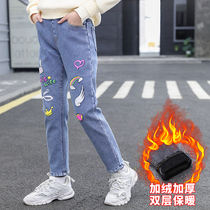 Girls plus velvet jeans 2021 autumn and winter New Korean version of foreign style leisure in the big children thick casual wear trousers