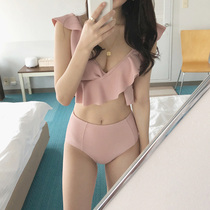 Korean version of the new net red conjoined lotus leaf side V collar pink student high waist triangle conjoined conservative swimsuit woman