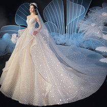 Thin main wedding dress 202021 new bridal temperament large tail dress starry female small man cover thick arms