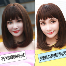 2019 wig female full head cover type inner buckle mid-length micro-roll whole top clavicle short natural realistic qi bangs