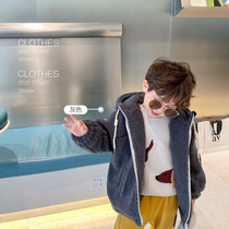 Shrimp paste hemp boys imitation lamb wool coat autumn and winter 2022 new style thickened foreign style childrens hooded cotton coat trend