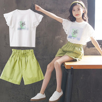 Girls in the summer suit Two sets of girls with white short sleeves and short summer pure cotton shorts fashion tide