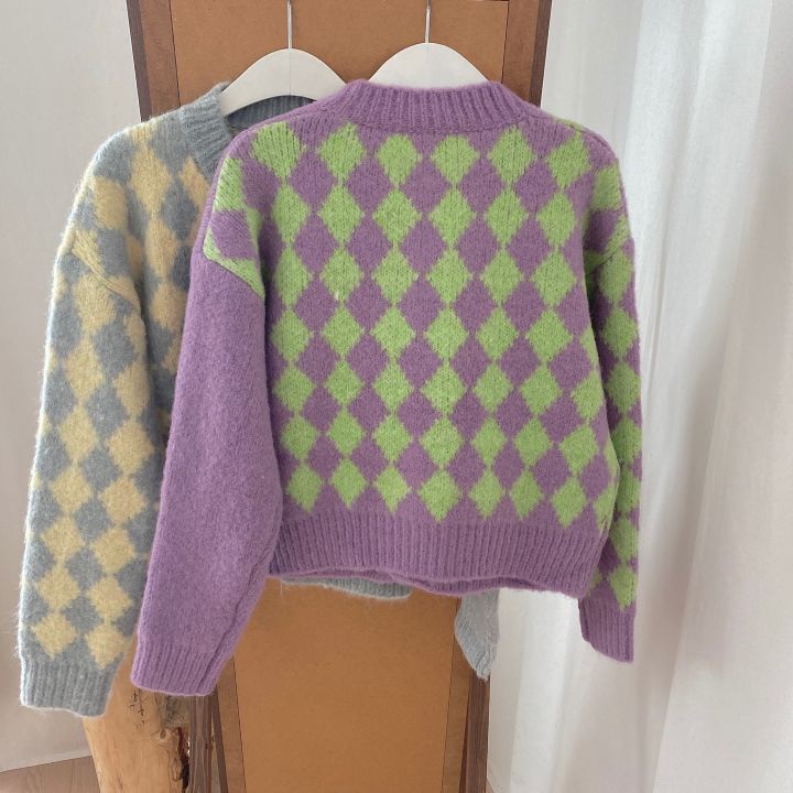 现货 菱形花纹撞色针织开衫毛衣外套