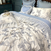 Blue and white porcelain retro style cotton cotton four-piece ruffle bed skirt bed cover French lace bedding kit