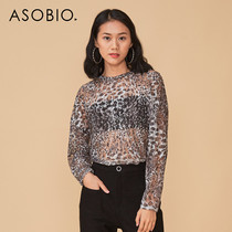 Asobio womens long sleeve T-shirt womens fashion casual half-through wind Hollow cut-out chiffon print womens shirt early autumn