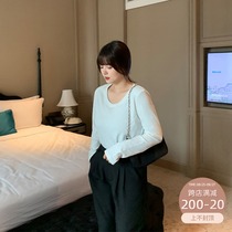 King grape slightly fat mm solid color round neck long sleeve all-match T-shirt womens autumn loose Western style thin plus size bottoming shirt