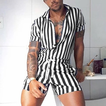 2021 new mens European and American lapel outerwear sexy one-piece shorts casual black and white striped trendy sports one-piece suit