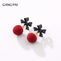 Silver needle Christmas New Year red hair ball stud female bow New Year earrings 2021 New Tide