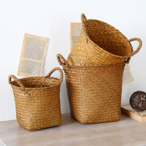KENS straw woven debris storage basket remote control storage basket flower pot round small storage barrel flower planting basket