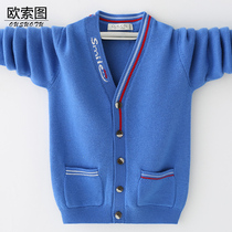 2020 autumn and winter new 100% pure wool childrens sweater jacket medium and large childrens clothing boys knitted V-neck cardigan