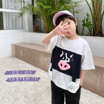 Shrimp paste hemp childrens clothing childrens T-shirt boys summer clothing 2021 loose short-sleeved tops foreign style baby spring clothing tide